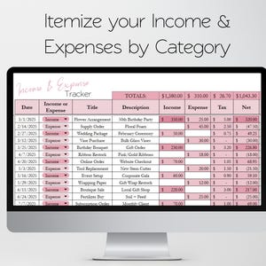 K&ouml;nnte beinhalten: Ein Computermonitor zeigt einen rosa-wei&szlig;en Einnahmen- und Ausgaben-Tracker. Der Text "Itemize your Income & Expenses by Category" steht oben. Der Tracker enth&auml;lt Spalten f&uuml;r Datum, Einnahmen/Ausgaben, Titel, Beschreibung und Finanzzahlen.