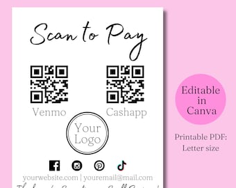 Scan to Pay Template, Custom QR Code Template, Craft Show Display, Salon Sign Printable Template, QR Sign, Payment Method Sign, QR Cde Sign