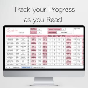 May include: A computer screen displaying a digital reading tracker. The spreadsheet-style layout includes columns for book titles, authors, series, and progress, with the text "Track your Progress as you Read" at the top.