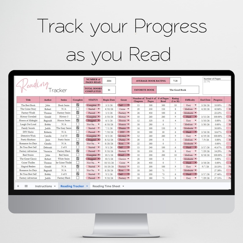 May include: A computer screen displaying a digital reading tracker. The spreadsheet-style layout includes columns for book titles, authors, series, and progress, with the text "Track your Progress as you Read" at the top.