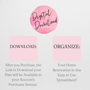 May include: A digital download graphic featuring a pink watercolour circle with the text Digital Download. Below are two pink squares labelled DOWNLOAD and ORGANISE, with instructions explaining how to access files and use the home renovation spreadsheet.