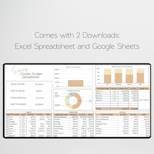 K&ouml;nnte beinhalten: Eine beige und braune Budget-Tabellenvorlage mit dem Titel "Savvy Couples Budget Spreadsheet". Die Tabelle enth&auml;lt Abschnitte f&uuml;r Einkommen, Ausgaben, Ersparnisse und eine visuelle Darstellung der Ausgaben&uuml;bersicht. Die Tabelle enth&auml;lt auch ein Startdatum vom 1/11/2023.