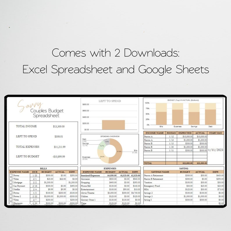 K&ouml;nnte beinhalten: Eine beige und braune Budget-Tabellenvorlage mit dem Titel "Savvy Couples Budget Spreadsheet". Die Tabelle enth&auml;lt Abschnitte f&uuml;r Einkommen, Ausgaben, Ersparnisse und eine visuelle Darstellung der Ausgaben&uuml;bersicht. Die Tabelle enth&auml;lt auch ein Startdatum vom 1/11/2023.