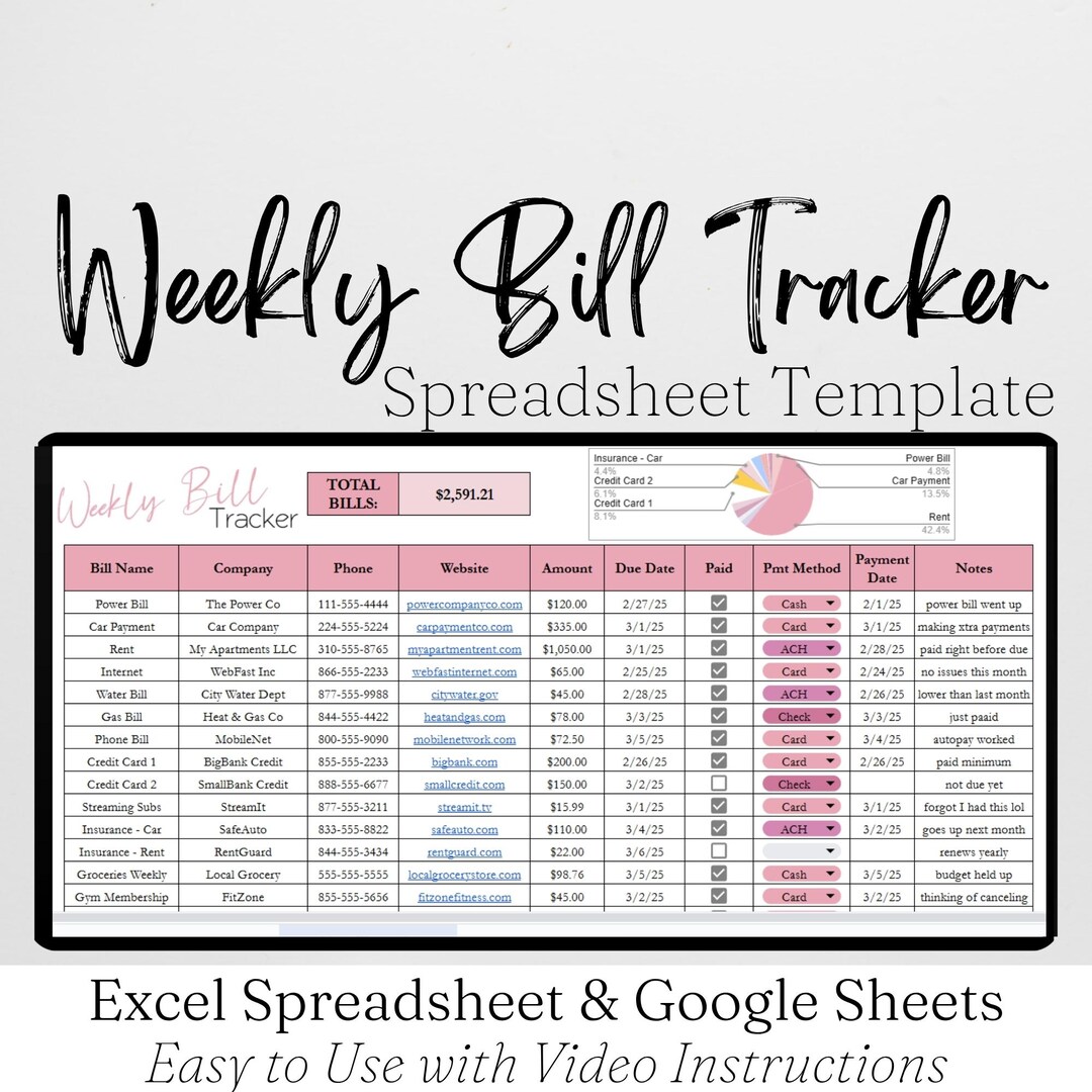 Weekly Bill Tracker Excel Spreadsheet, Weekly Planner Budget Template ...