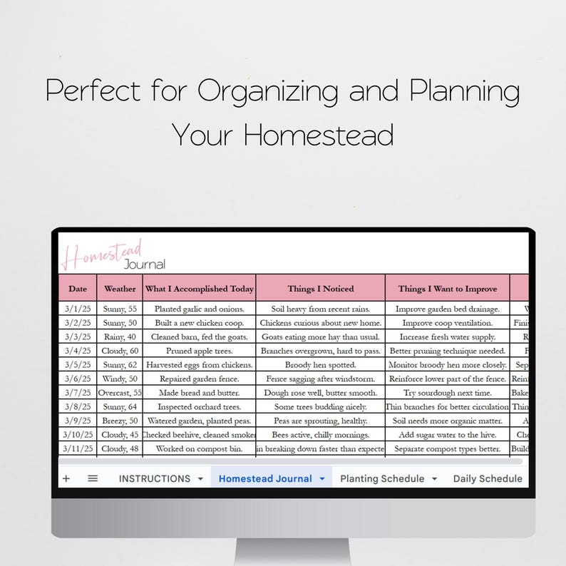 May include: A printable homestead journal with a table for tracking daily activities, weather, and observations. The table includes columns for date, weather, what was accomplished, things noticed, and things to improve. The journal is ideal for organising and planning your homestead.