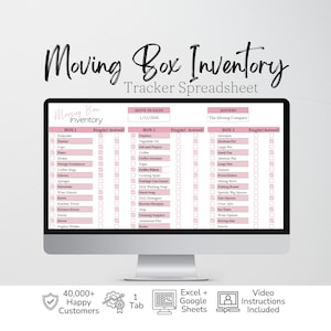 May include: A computer monitor displaying a Moving Box Inventory Tracker Spreadsheet with pink headers and columns for box contents, fragile status, and arrival. The screen shows text including Moving Box Inventory, 1/12/2026, and The Moving Company.