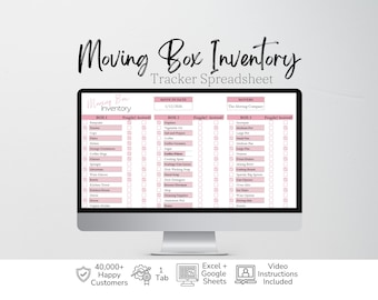 May include: A computer monitor displaying a Moving Box Inventory Tracker Spreadsheet with pink headers and columns for box contents, fragile status, and arrival. The screen shows text including Moving Box Inventory, 1/12/2026, and The Moving Company.