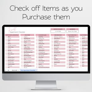 First Apartment Checklist Template Excel Spreadsheet, Our First Apartment Planner Google Sheets, Furniture Inventory, College Apartment List image 6