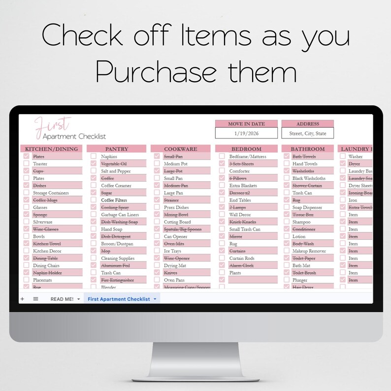 First Apartment Checklist Template Excel Spreadsheet, Our First Apartment Planner Google Sheets, Furniture Inventory, College Apartment List image 6