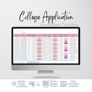 May include: A computer monitor displaying a College Application Spreadsheet Template with columns for college names, websites, fees, deadlines, status, requirements, and notes. Below the screen, icons indicate 40,000+ happy customers, 1 tab, Excel and Google Sheets compatibility, and video instructions included.