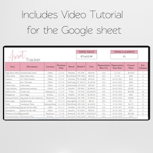 May include: A pink and white table with a spreadsheet titled "Asset Tracker". The spreadsheet lists various items, their descriptions, locations, purchase dates, brands, models, costs, depreciation rates, depreciation start dates, current values, and estimated lifespans. The total value of the assets is $75,652.00 and the total number of assets is 15.