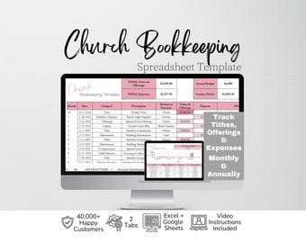 Könnte beinhalten: Eine digitale Buchhaltungstabellenvorlage für Kirchen auf einem Computermonitor. Die Benutzeroberfläche zeigt rosa und weiße Zeilen zur Nachverfolgung von Zehnten, Spenden und Ausgaben. Der Text umfasst Church Bookkeeping Spreadsheet Template und Track Tithes, Offerings & Expenses Monthly & Annually.