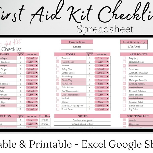 First Aid Kit Checklist, First Aid Checklist, First Aid Supply List, Emergency Checklist Disaster Preparation Excel Spreadsheet Google Sheet