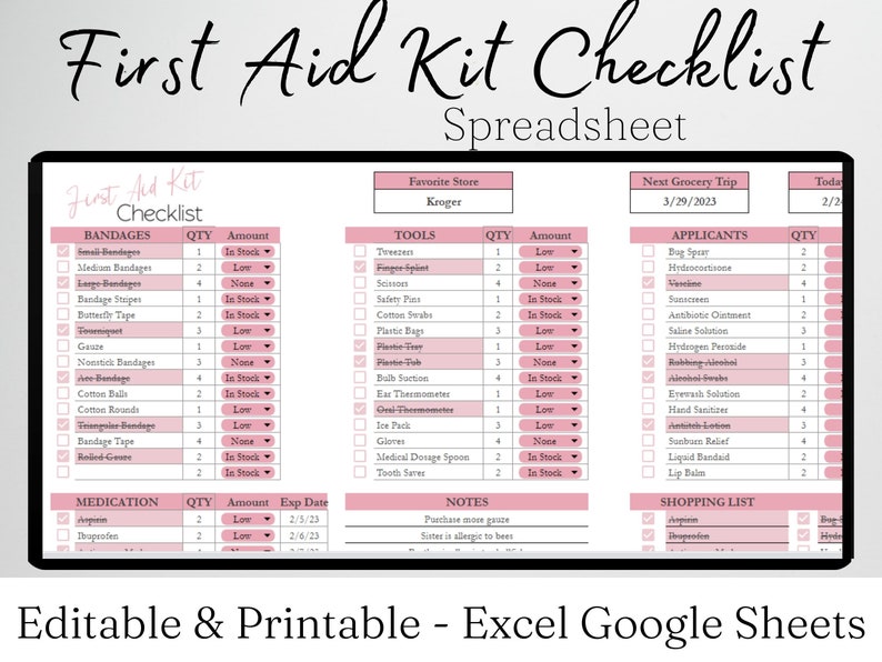 First Aid Kit Checklist First Aid Checklist First Aid Supply Etsy