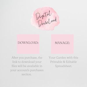 Puede incluir: Gr&aacute;fico de descarga digital rosa y blanco con el texto "Descarga digital" en un fondo de acuarela. El gr&aacute;fico tambi&eacute;n incluye dos cuadros rosas con el texto "DESCARGAR:" y "GESTIONAR:" y descripciones sobre c&oacute;mo descargar y gestionar los archivos digitales.