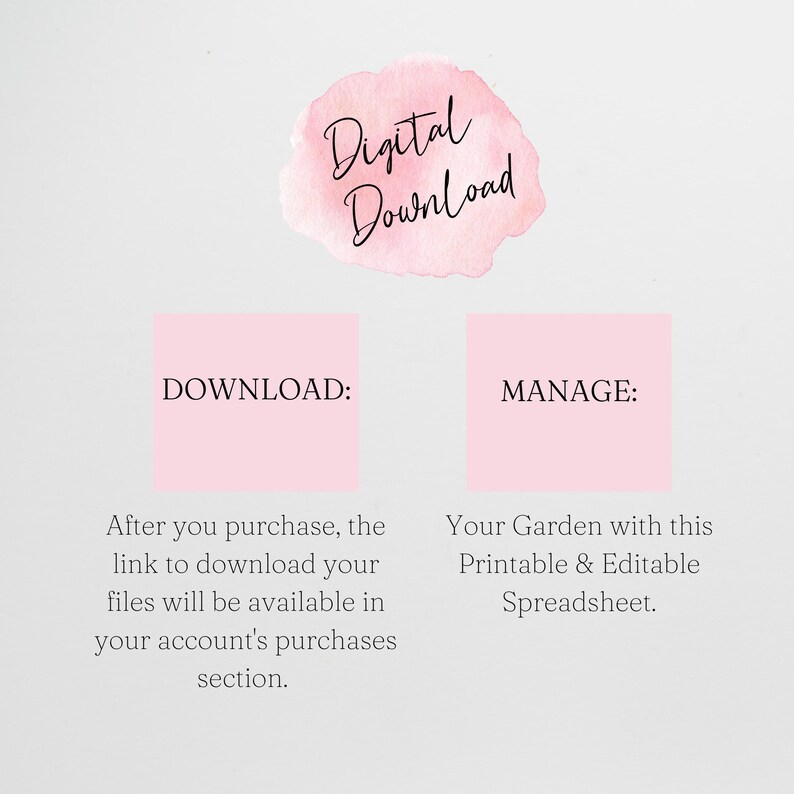 Puede incluir: Gr&aacute;fico de descarga digital rosa y blanco con el texto "Descarga digital" en un fondo de acuarela. El gr&aacute;fico tambi&eacute;n incluye dos cuadros rosas con el texto "DESCARGAR:" y "GESTIONAR:" y descripciones sobre c&oacute;mo descargar y gestionar los archivos digitales.