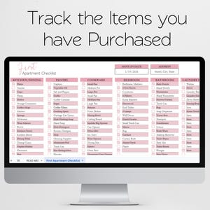 First Apartment Checklist Template Excel Spreadsheet, Our First Apartment Planner Google Sheets, Furniture Inventory, College Apartment List image 4