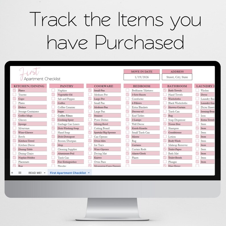 First Apartment Checklist Template Excel Spreadsheet, Our First Apartment Planner Google Sheets, Furniture Inventory, College Apartment List image 4