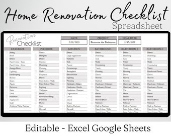 Renovation Checklist, Home Renovation Spreadsheet, Home Remodel Checklist, Kitchen Remodel, Bathroom Remodel, Interior Design Excel Google
