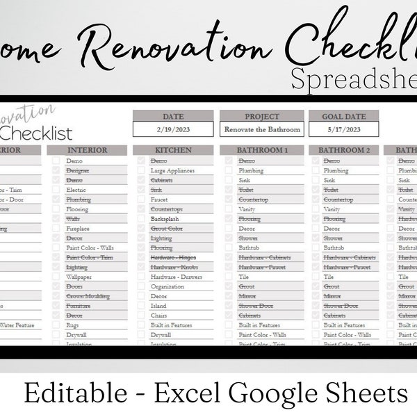 Renovation Checklist, Home Renovation Spreadsheet, Home Remodel Checklist, Kitchen Remodel, Bathroom Remodel, Interior Design Excel Google