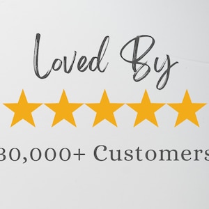May include: A graphic design featuring the dark gray text Loved By positioned above five solid yellow stars arranged in a horizontal row, with the dark gray text 30,000+ Customers displayed directly underneath the stars on a plain white background.