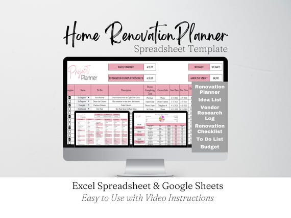 Home Renovation Planner Excel Spreadsheet, Home Improvement, Home Remodel Planner Budget, Home Project Planner Interior Design Google Sheets