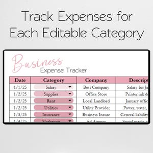 Pode incluir: Um rastreador de despesas comerciais rosa e branco com o t&iacute;tulo "Business Expense Tracker". O rastreador inclui colunas para data, categoria, empresa e descri&ccedil;&atilde;o. O texto "Track Expenses for Each Editable Category" est&aacute; no topo.