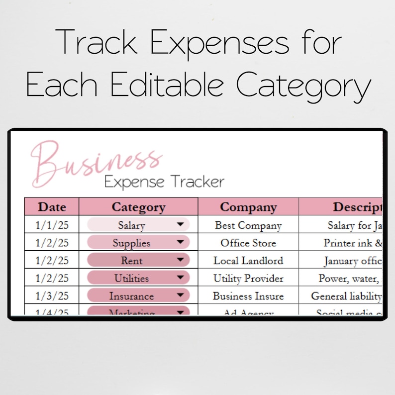 Pode incluir: Um rastreador de despesas comerciais rosa e branco com o t&iacute;tulo "Business Expense Tracker". O rastreador inclui colunas para data, categoria, empresa e descri&ccedil;&atilde;o. O texto "Track Expenses for Each Editable Category" est&aacute; no topo.