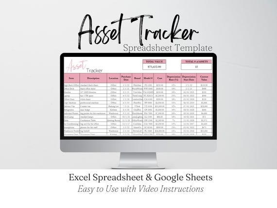 Asset Tracker Google Sheets, Small Business Property Inventory Template, Financial Tracker Depreciation Tracker Excel Spreadsheet Management