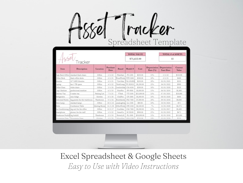 Asset Tracker Google Sheets, Small Business Property Inventory Template, Financial Tracker Depreciation Tracker Excel Spreadsheet Management image 1