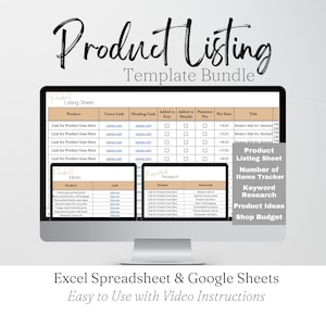 商品リストテンプレートバンドル、編集可能な商品説明スプレッドシートテンプレート、ビジネスプランナー、ショップ組織、ストアテンプレート