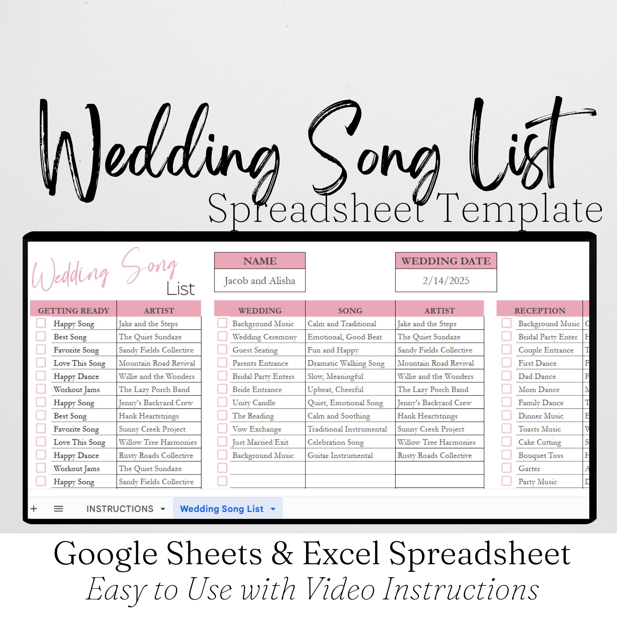 Wedding Song List Template Google Sheets, Wedding DJ Template, Wedding Music Playlist, Music Guide Excel Spreadsheet Wedding Music Checklist
