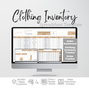 May include: A computer monitor displaying a Clothing Inventory Spreadsheet Template with columns for date, category, type, size, colour, quantity, cost, and value. The screen shows an order dashboard, inventory tracker, and order tracker interface.