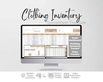 May include: A computer monitor displaying a Clothing Inventory Spreadsheet Template with columns for date, category, type, size, color, quantity, cost, and value. The screen shows an order dashboard, inventory tracker, and order tracker interface.