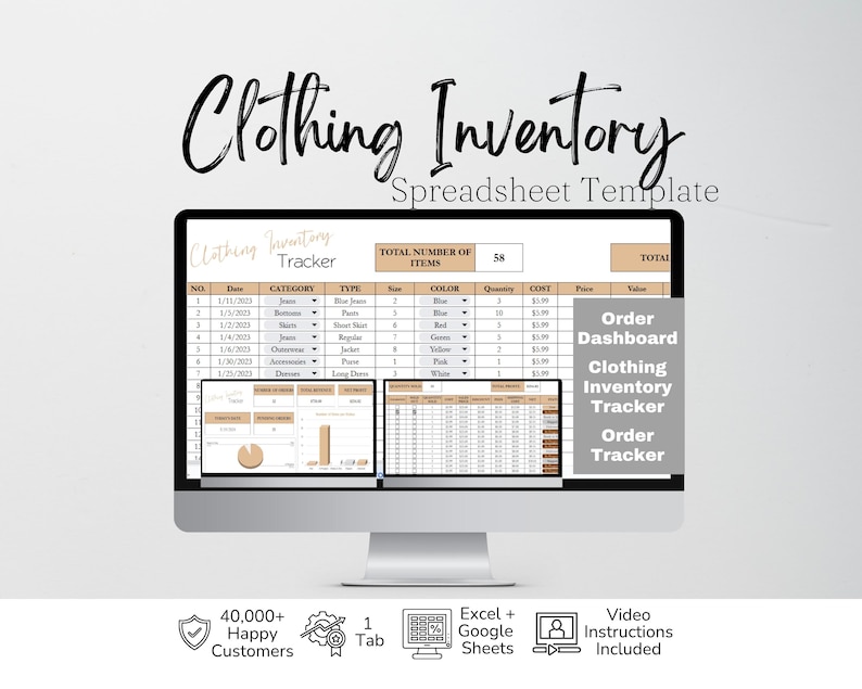 May include: A computer monitor displaying a Clothing Inventory Spreadsheet Template with columns for date, category, type, size, color, quantity, cost, and value. The screen shows an order dashboard, inventory tracker, and order tracker interface.