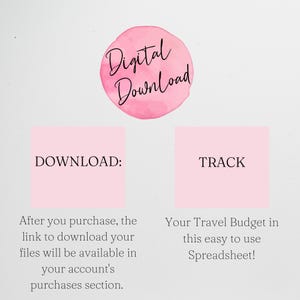 K&ouml;nnte beinhalten: Digitaler Download-Grafik mit einem rosa Aquarellkreis und den Worten "Digital Download". Darunter befinden sich zwei rosa Rechtecke mit den Worten "DOWNLOAD:" und "TRACK". Der Text erkl&auml;rt, wie man Dateien herunterl&auml;dt und ein Reisebudget verfolgt.