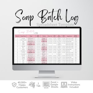 Puede incluir: Un monitor de computadora que muestra una plantilla de hoja de cálculo Soap Batch Log. La pantalla muestra una tabla con columnas para número de lote, nombre del jabón, tipo, fechas, estado e ingredientes. Debajo del monitor hay iconos para 40,000+ clientes, 1 pestaña, Excel y Google Sheets, e instrucciones en video.