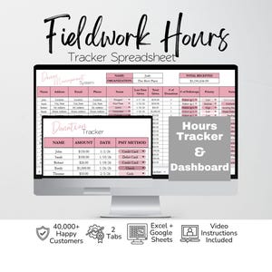 May include: A computer monitor displays a pink and white spreadsheet titled "Fieldwork Hours Tracker Spreadsheet." The screen shows a "Donation Tracker" and "Hours Tracker & Dashboard." Additional icons indicate Excel and Google Sheets compatibility.