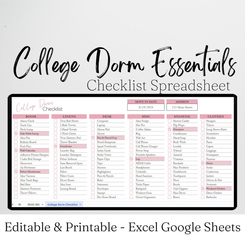 College Dorm Room Essentials Checklist Template Google Sheets, Dorm Checklist, Dorm Essentials Packing Checklist, College Supplies Apartment image 1