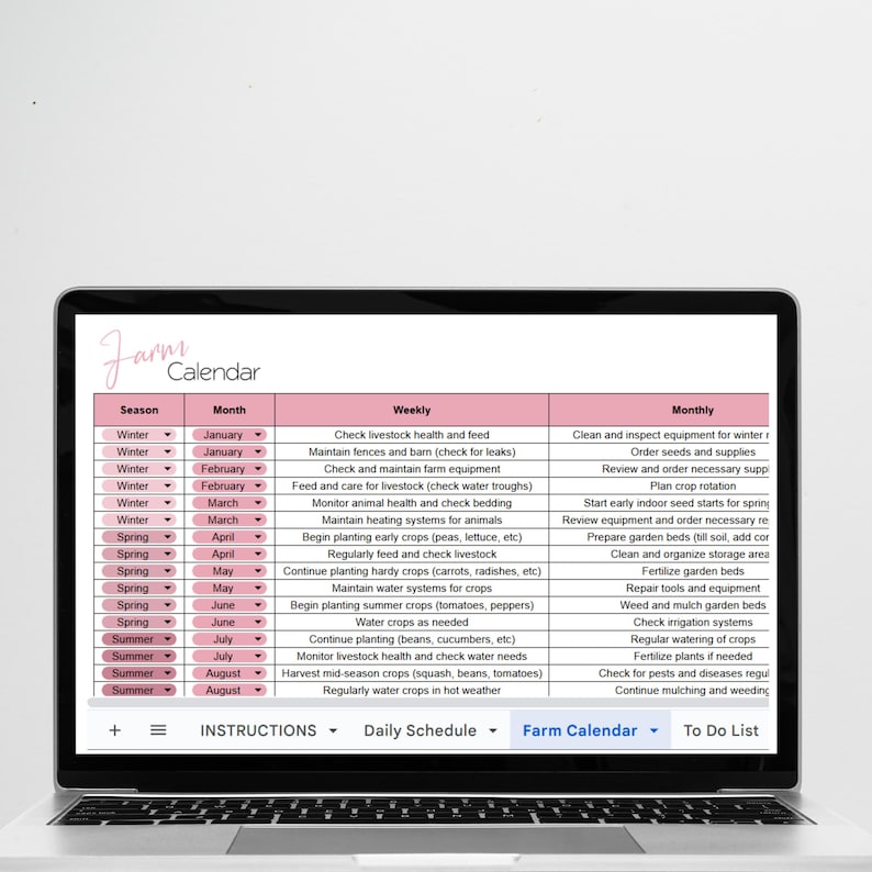 May include: A digital calendar for farm planning with a pink and white color scheme. The calendar is divided into three columns: Season, Month, and Weekly. The calendar lists tasks for each month of the year, such as checking livestock health, maintaining fences, and planting crops.