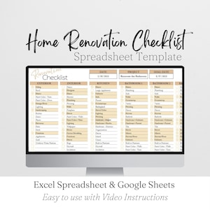 Home Renovation Spreadsheet, Home Remodel Checklist, Kitchen Renovation, Bathroom Renovation, Interior Design Checklist Excel Google Sheets
