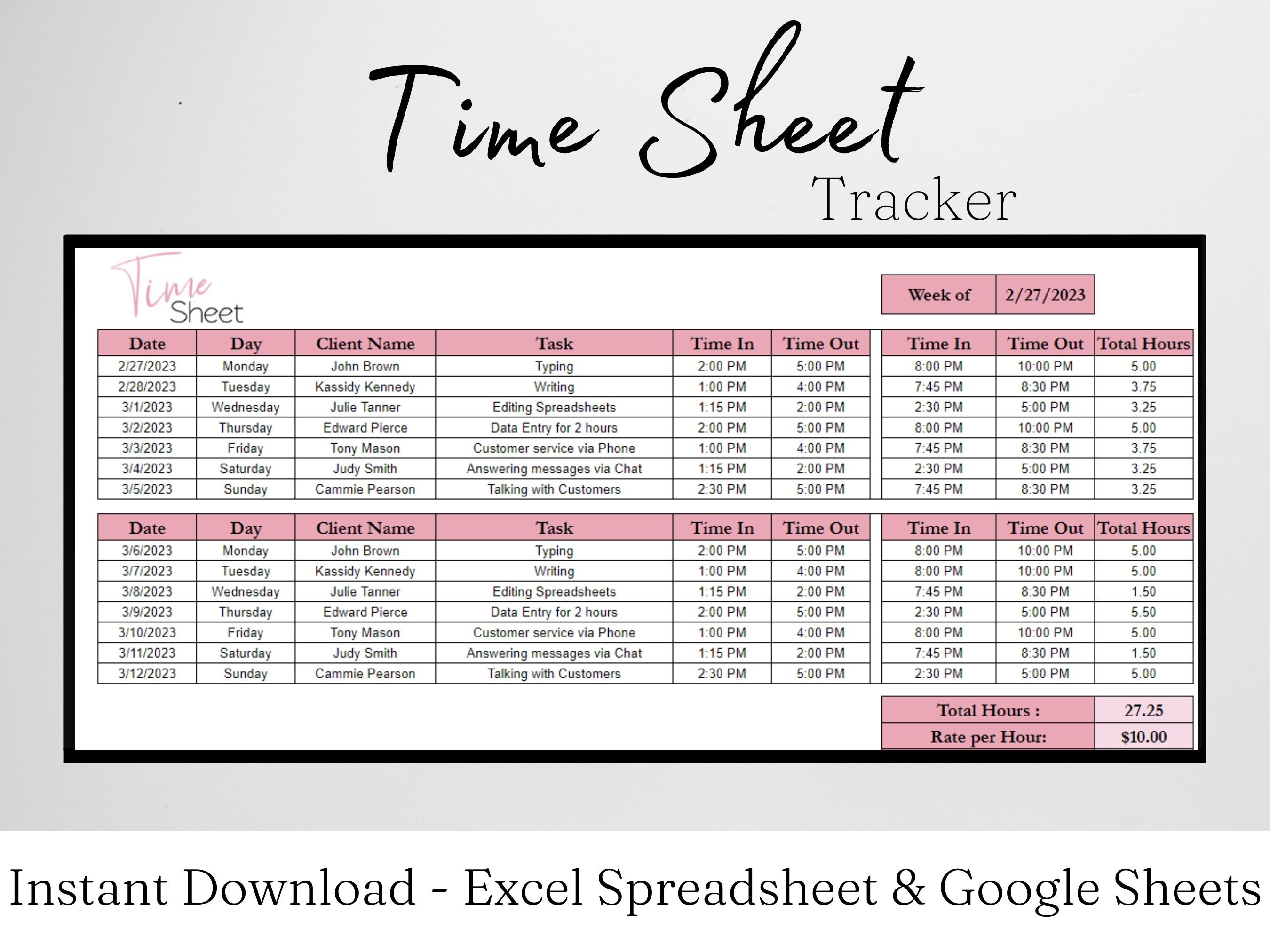 Time sheet tracker employee time tracker weekly time sheet etsy