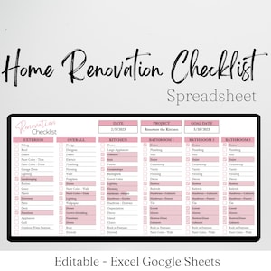 Home Renovation Checklist, Home Renovation Spreadsheet, Remodel Checklist, Kitchen Remodel, Bathroom Remodel, Interior Design Excel Google