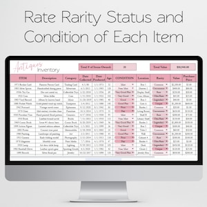 May include: A computer screen displays an "Antiques Inventory" spreadsheet. The table lists items like cards, spoons, and books, with details such as description, category, age, condition, and value. The total value is $10,940.00.