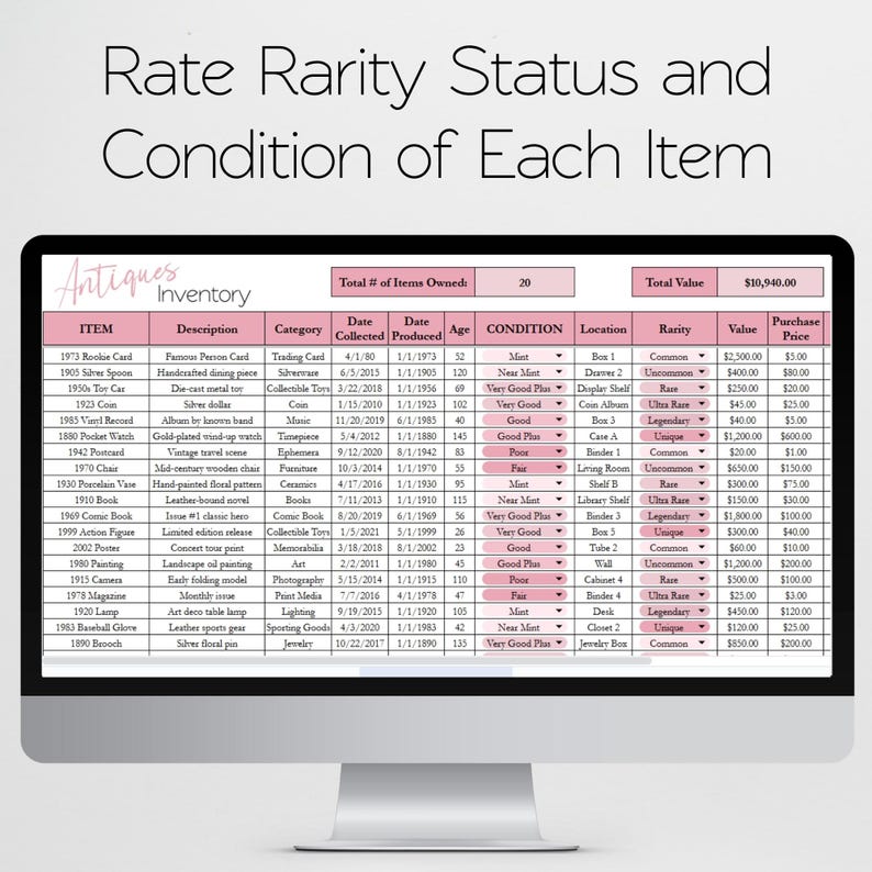May include: A computer screen displays an "Antiques Inventory" spreadsheet. The table lists items like cards, spoons, and books, with details such as description, category, age, condition, and value. The total value is $10,940.00.