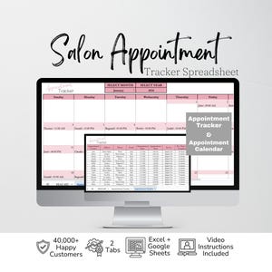 Può includere: Un foglio di calcolo digitale per il monitoraggio degli appuntamenti in salone visualizzato su due monitor di computer. L'interfaccia presenta una vista calendario e una tabella dati dettagliata con colonne per nomi, indirizzi, telefoni e orari.