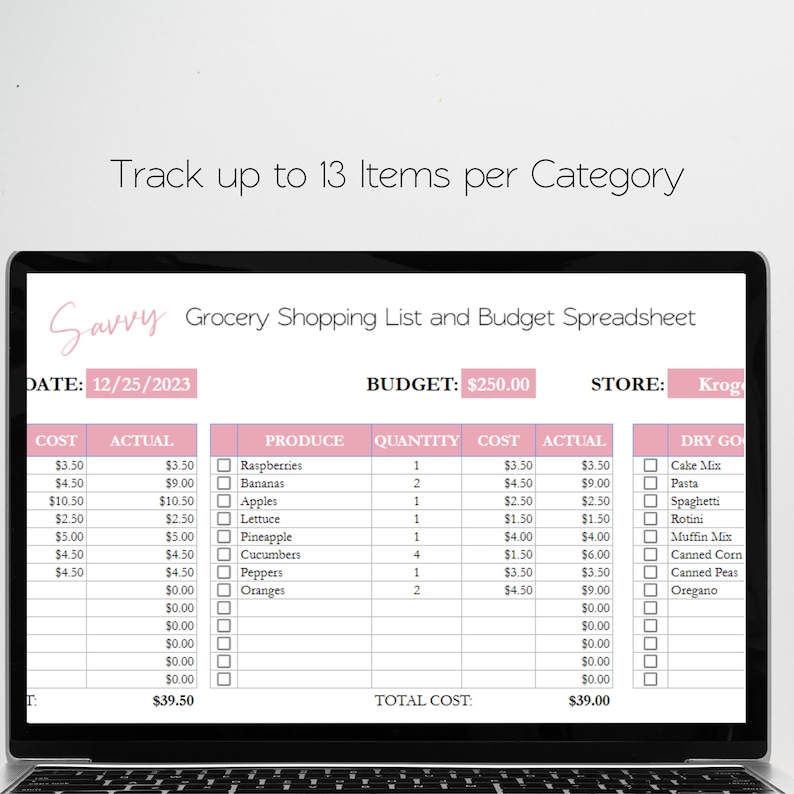May include: A laptop screen displaying a grocery shopping list and budget spreadsheet. The spreadsheet is titled "Savvy Grocery Shopping List and Budget Spreadsheet". The date is 12/25/2023, the budget is $250.00, and the store is Krog. The spreadsheet includes columns for cost, actual, produce, quantity, cost, actual, and dry goods. The produce section lists items such as raspberries, bananas, apples, lettuce, pineapple, cucumbers, peppers, and oranges. The dry goods section lists items such as cake mix, pasta, spaghetti, rotini, muffin mix, canned corn, canned peas, and oregano.