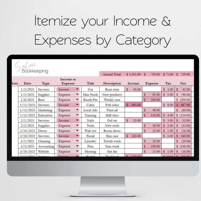 Salon Bookkeeping Template, Hair Salon Income and Expenses Tracker Log, Beauty Salon, Nail Salon Hair Salon Excel Spreadsheet Google Sheets image 8