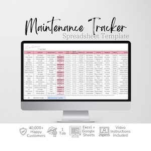 以下が含まれることがあります： コンピューターモニターに「Maintenance Tracker」スプレッドシートテンプレートが表示されています。項目、サービス、頻度、ステータス、期限、完了日、シリアル番号、プロバイダー、電話番号、ウェブサイト、価格、メモの列があります。顧客数、タブ、ビデオ説明のアイコンが含まれています。