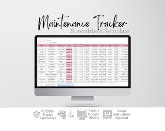 May include: A computer monitor displays a Maintenance Tracker spreadsheet template with columns for item, service, frequency, status, due date, date complete, serial number, provider, phone, website, price, and notes. Includes icons for customers, tabs, and video.